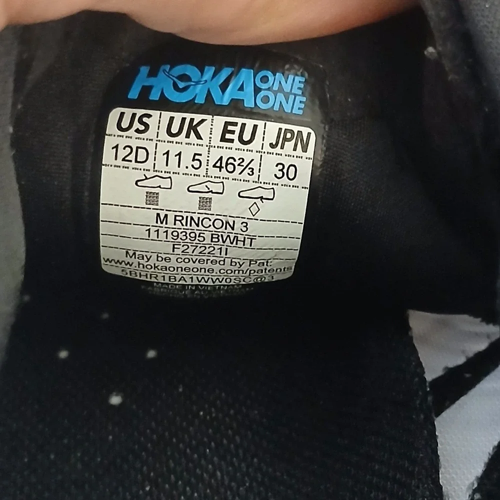 Hoka One One Rincon 3 Mens 12 Black White Running Shoes Sneakers 1119395 BWHT